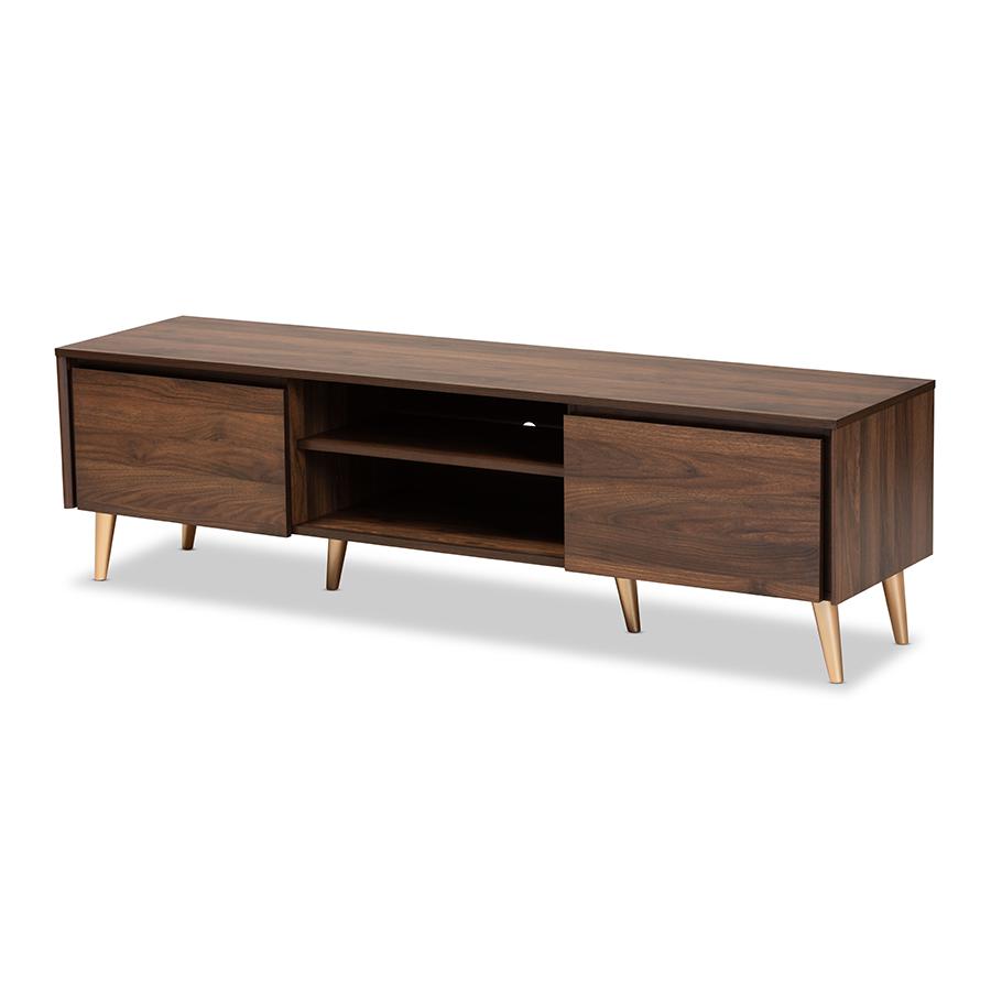 Landen Mid-Century Modern Walnut Brown and Gold Finished Wood TV Stand. Picture 1