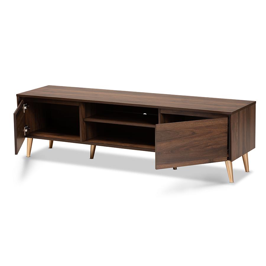 Landen Mid-Century Modern Walnut Brown and Gold Finished Wood TV Stand. Picture 2