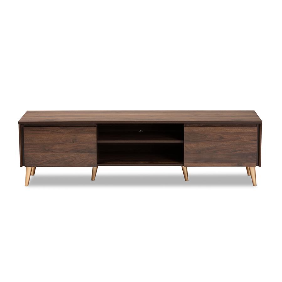 Landen Mid-Century Modern Walnut Brown and Gold Finished Wood TV Stand. Picture 3