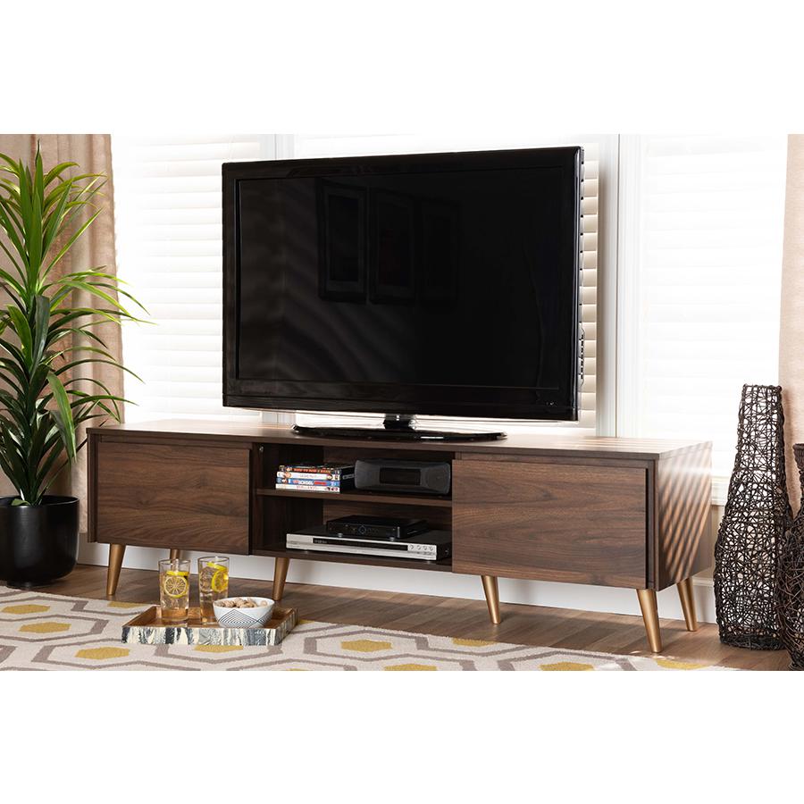 Landen Mid-Century Modern Walnut Brown and Gold Finished Wood TV Stand. Picture 7