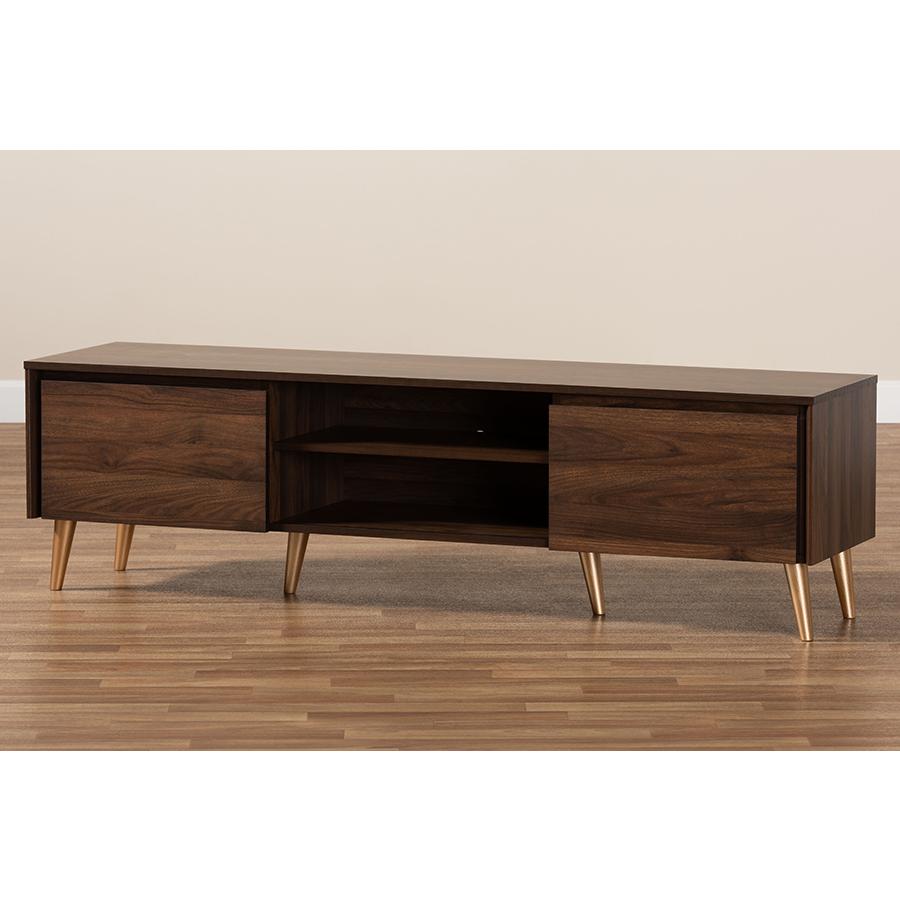 Landen Mid-Century Modern Walnut Brown and Gold Finished Wood TV Stand. Picture 8