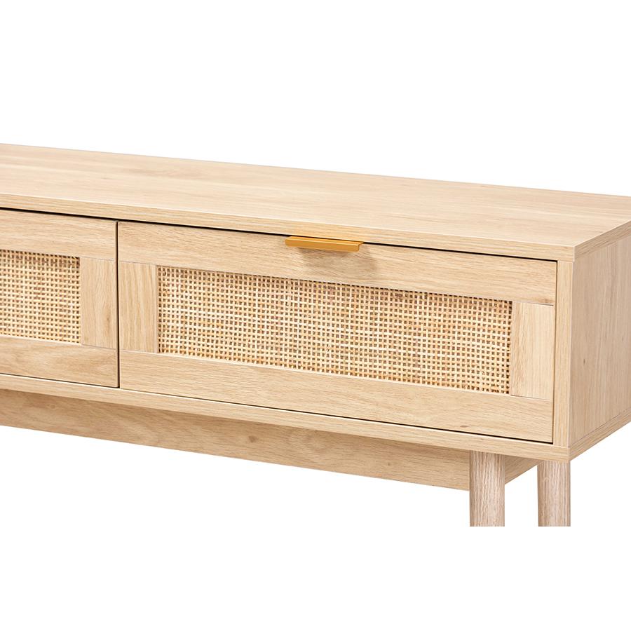 Light Oak Brown Finished Wood and Rattan 2-Drawer Console Table. Picture 5