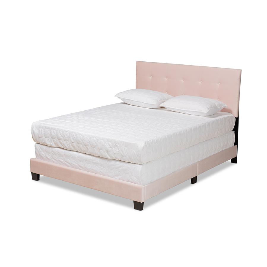Glam Light Pink Velvet Fabric Upholstered Queen Size Panel Bed. Picture 1