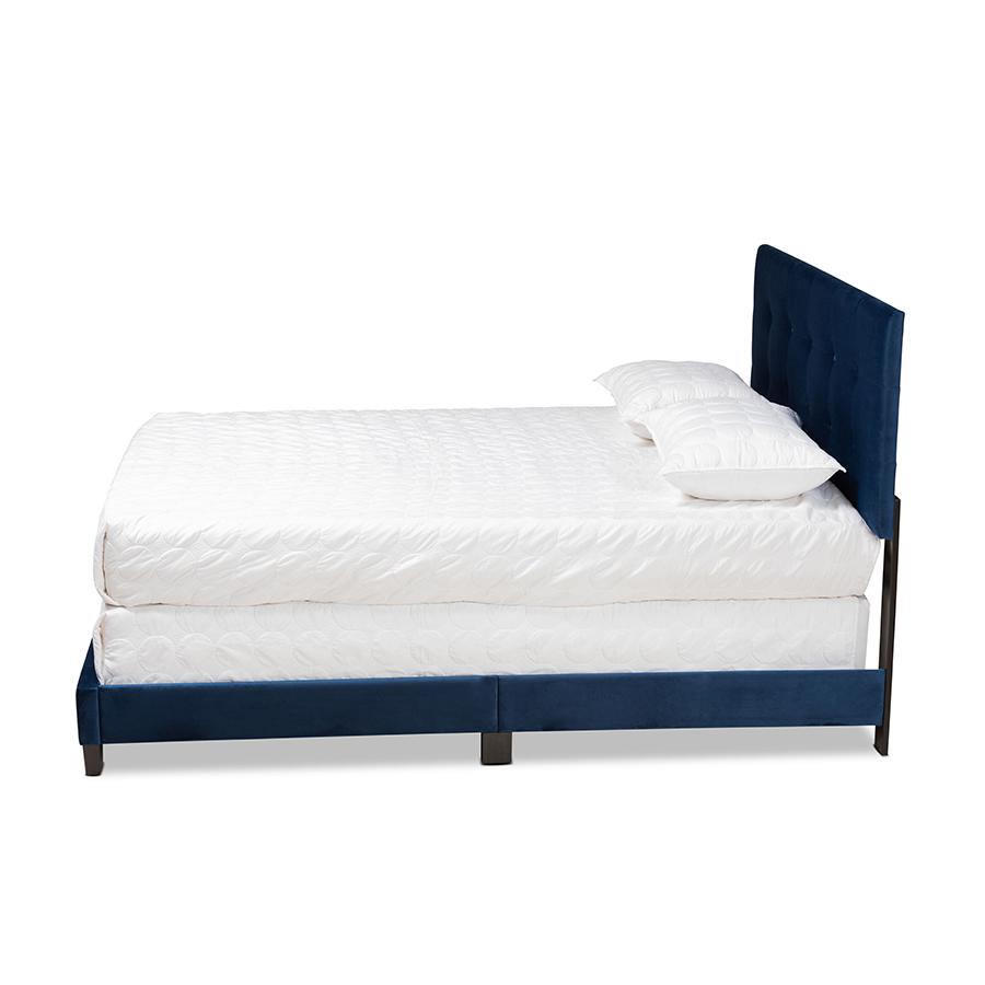 Glam Navy Blue Velvet Fabric Upholstered Full Size Panel Bed. Picture 2