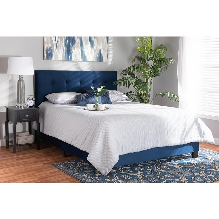 Glam Navy Blue Velvet Fabric Upholstered Full Size Panel Bed. Picture 6