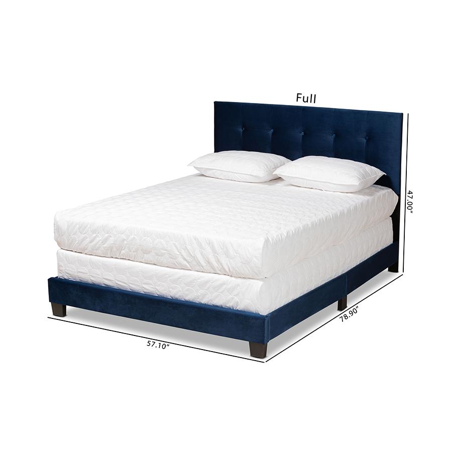 Glam Navy Blue Velvet Fabric Upholstered Full Size Panel Bed. Picture 8