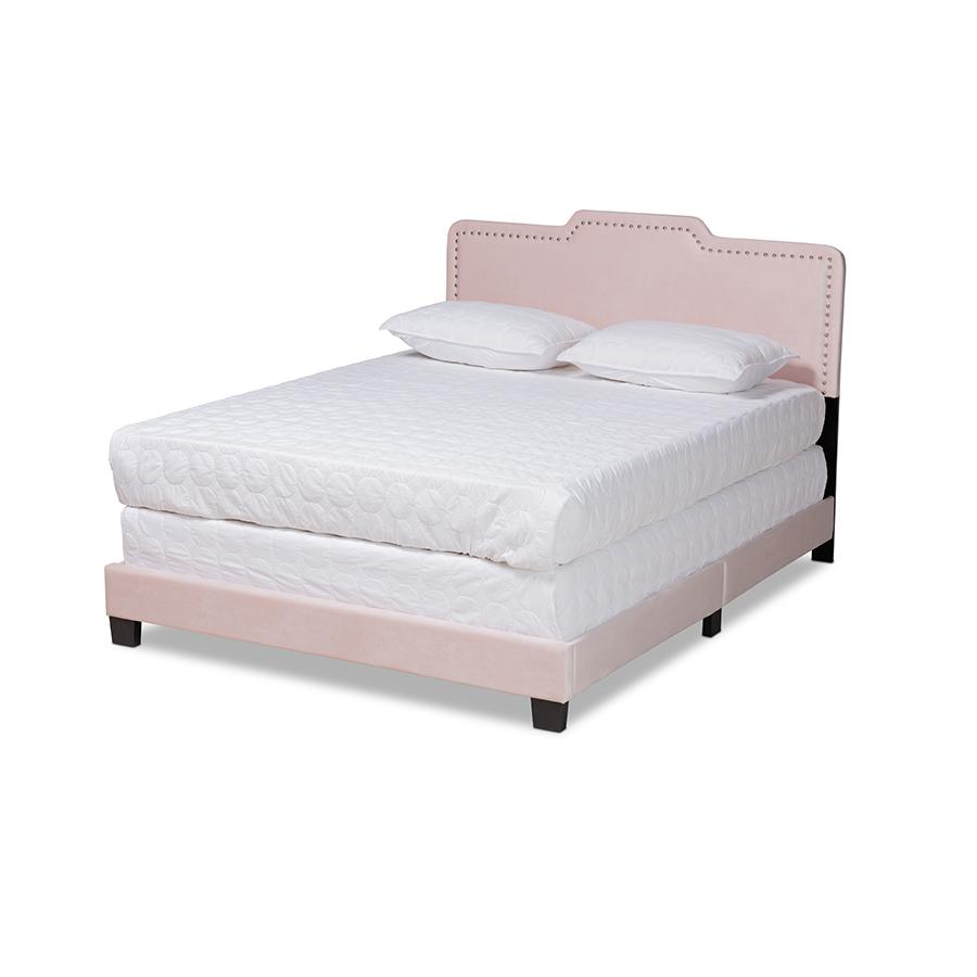 Glam Light Pink Velvet Fabric Upholstered Full Size Panel Bed. Picture 1
