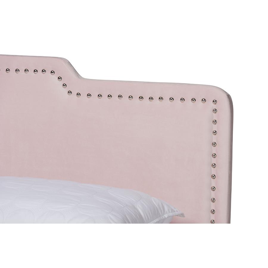 Glam Light Pink Velvet Fabric Upholstered Full Size Panel Bed. Picture 4