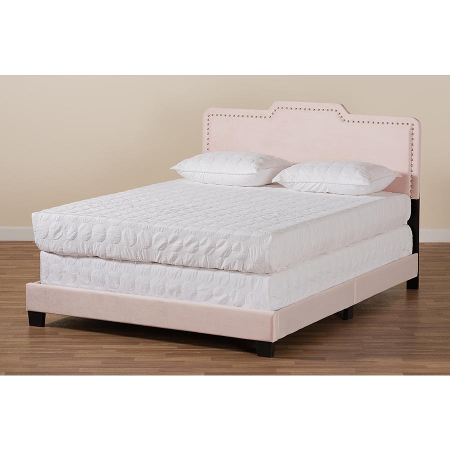 Glam Light Pink Velvet Fabric Upholstered Full Size Panel Bed. Picture 7