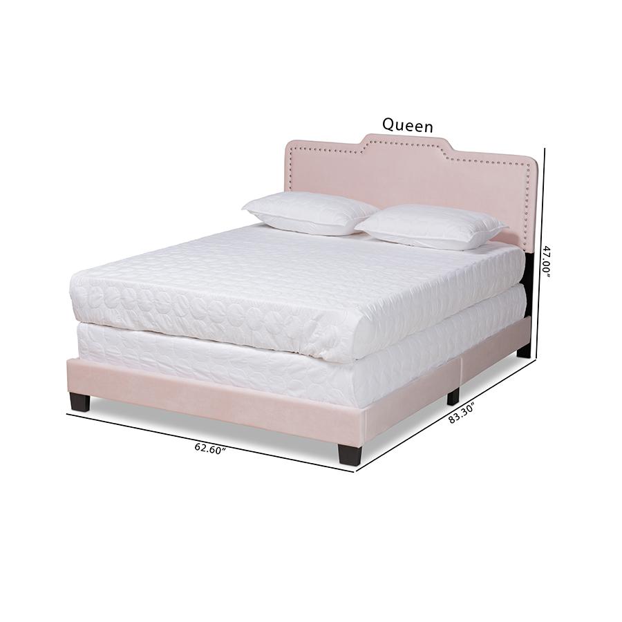 Glam Light Pink Velvet Fabric Upholstered Full Size Panel Bed. Picture 9