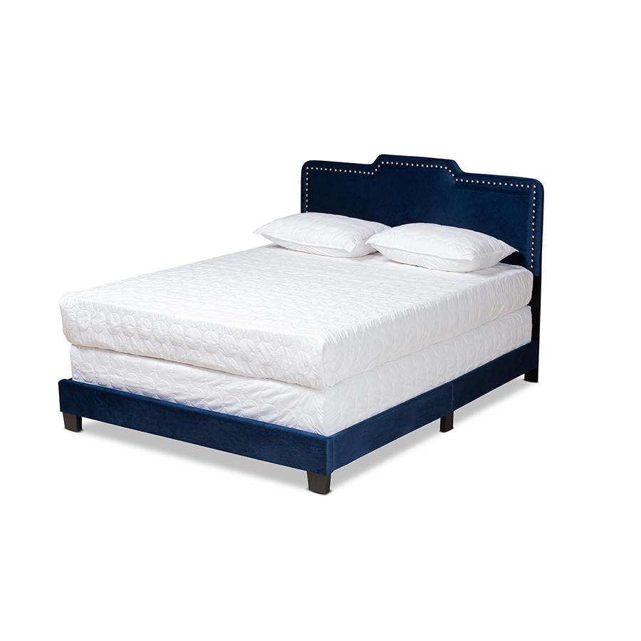 Glam Navy Blue Velvet Fabric Upholstered Full Size Panel Bed. Picture 1