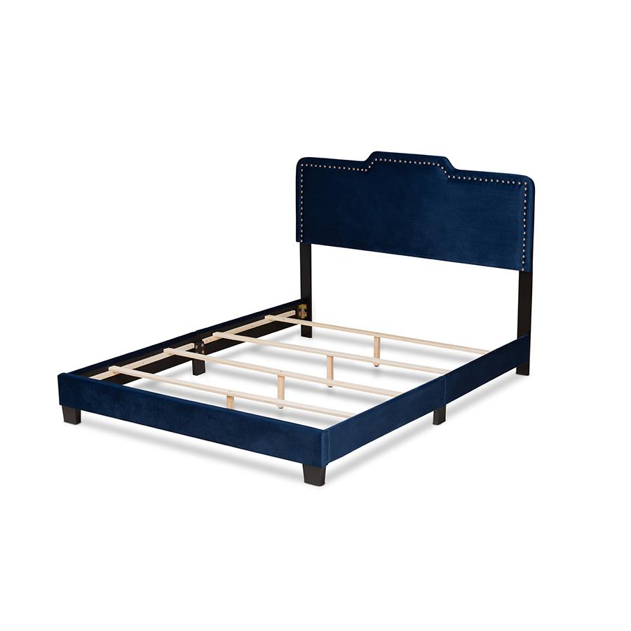 Glam Navy Blue Velvet Fabric Upholstered Full Size Panel Bed. Picture 3