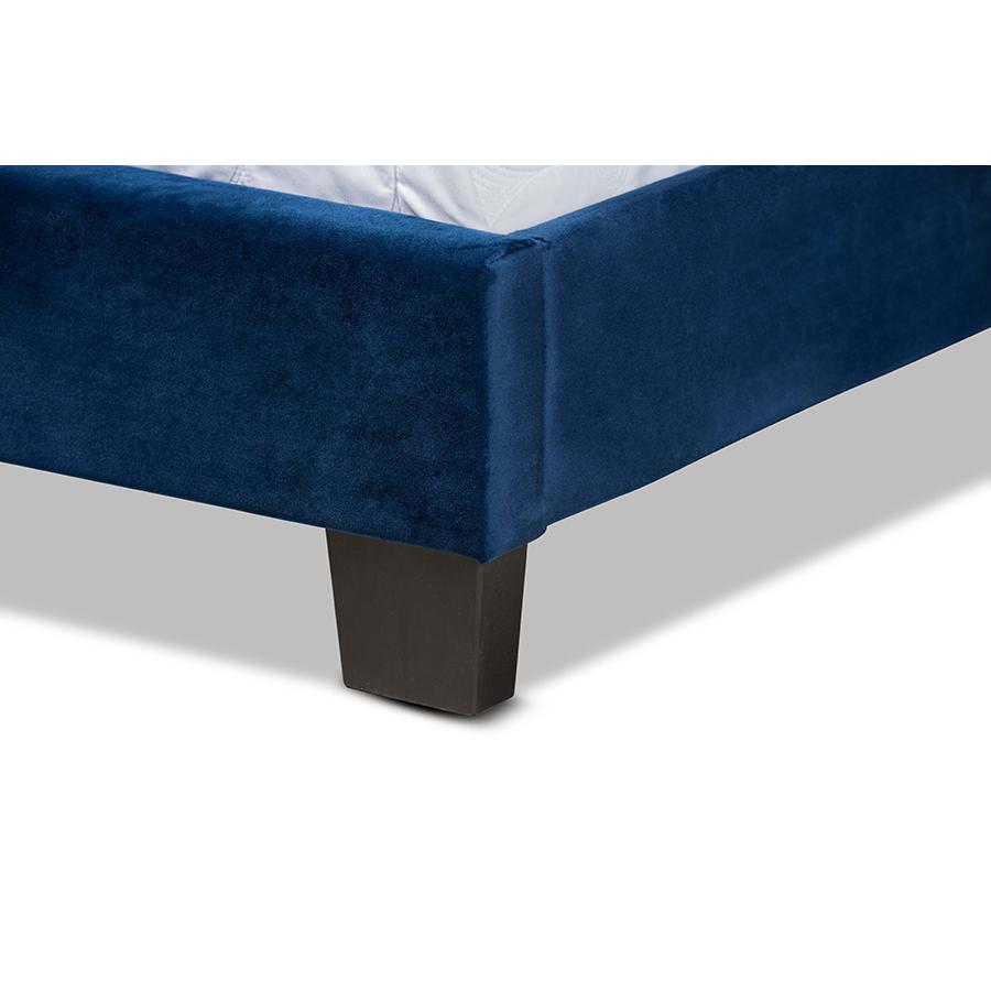 Glam Navy Blue Velvet Fabric Upholstered Full Size Panel Bed. Picture 5