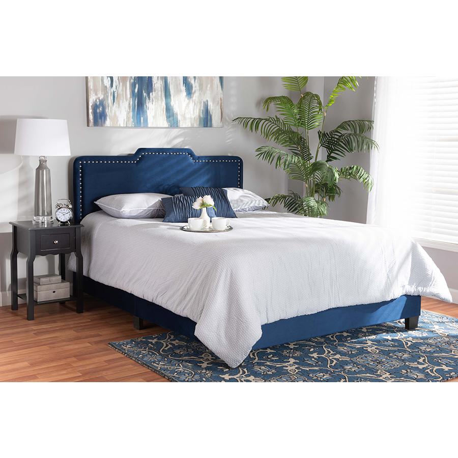 Glam Navy Blue Velvet Fabric Upholstered Full Size Panel Bed. Picture 6
