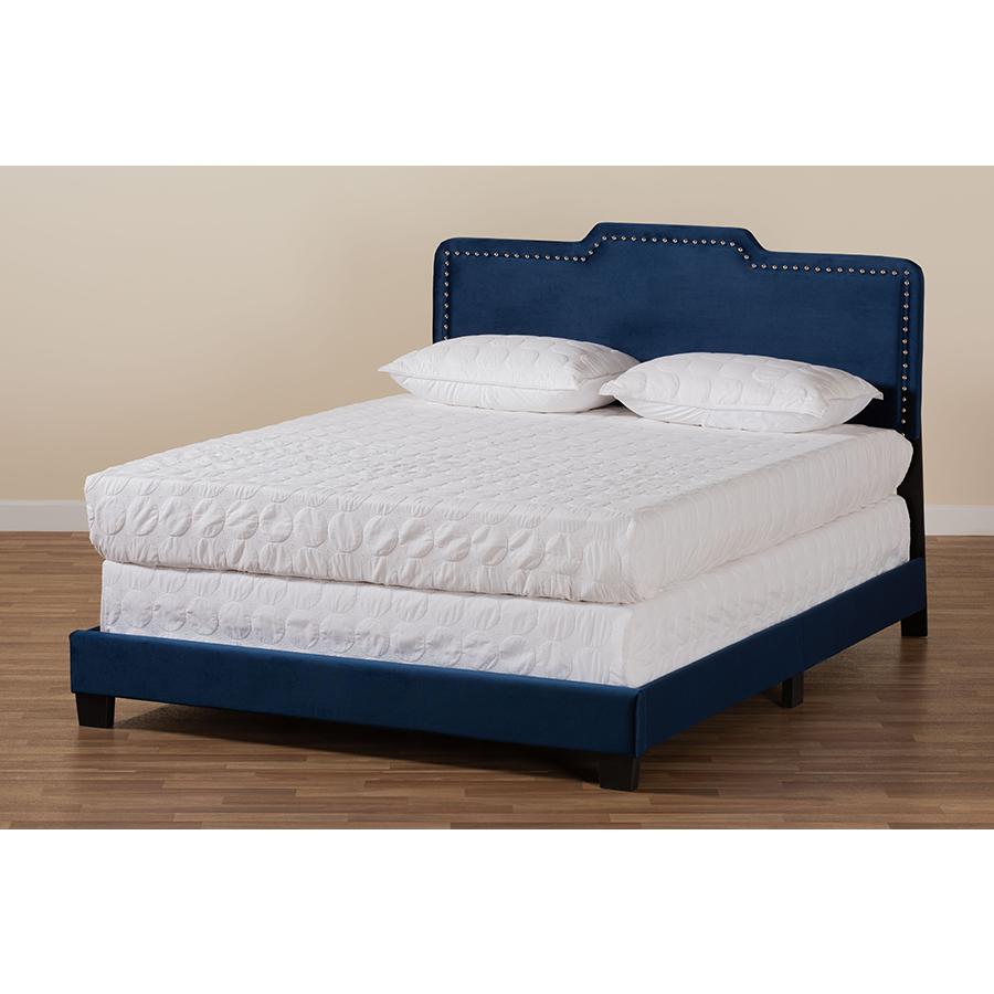 Glam Navy Blue Velvet Fabric Upholstered Full Size Panel Bed. Picture 7