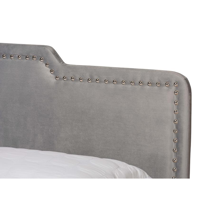 Glam Grey Velvet Fabric Upholstered Queen Size Panel Bed. Picture 4