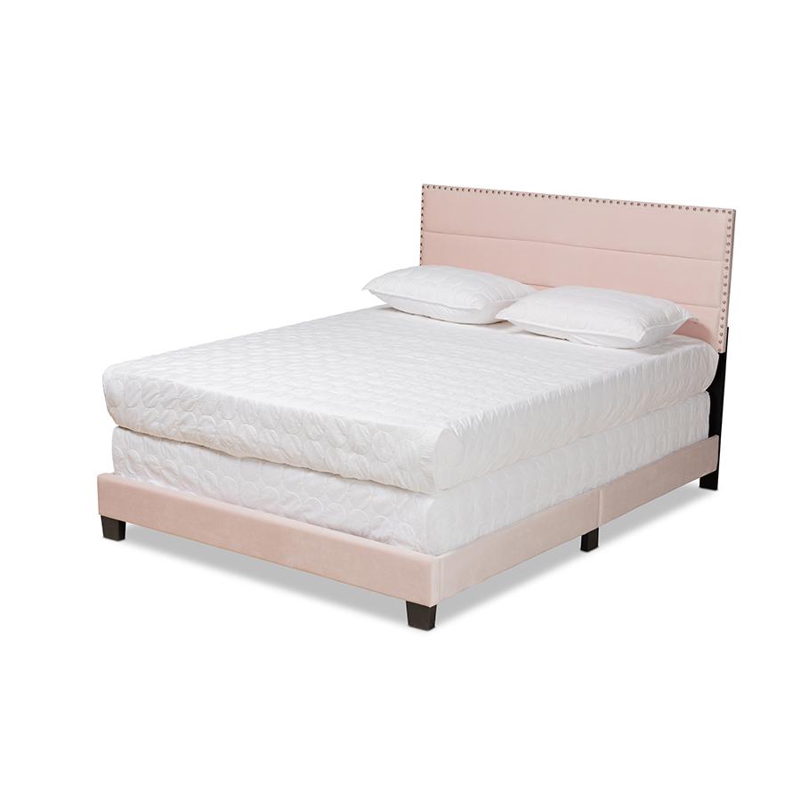 Glam Light Pink Velvet Fabric Upholstered Full Size Panel Bed. Picture 1