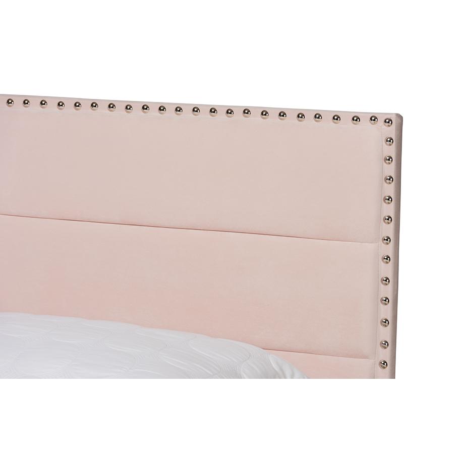 Glam Light Pink Velvet Fabric Upholstered Full Size Panel Bed. Picture 4