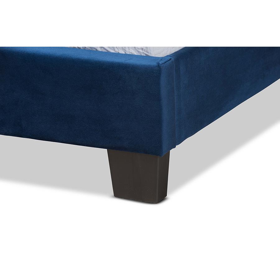 Glam Navy Blue Velvet Fabric Upholstered Twin Size Panel Bed. Picture 5