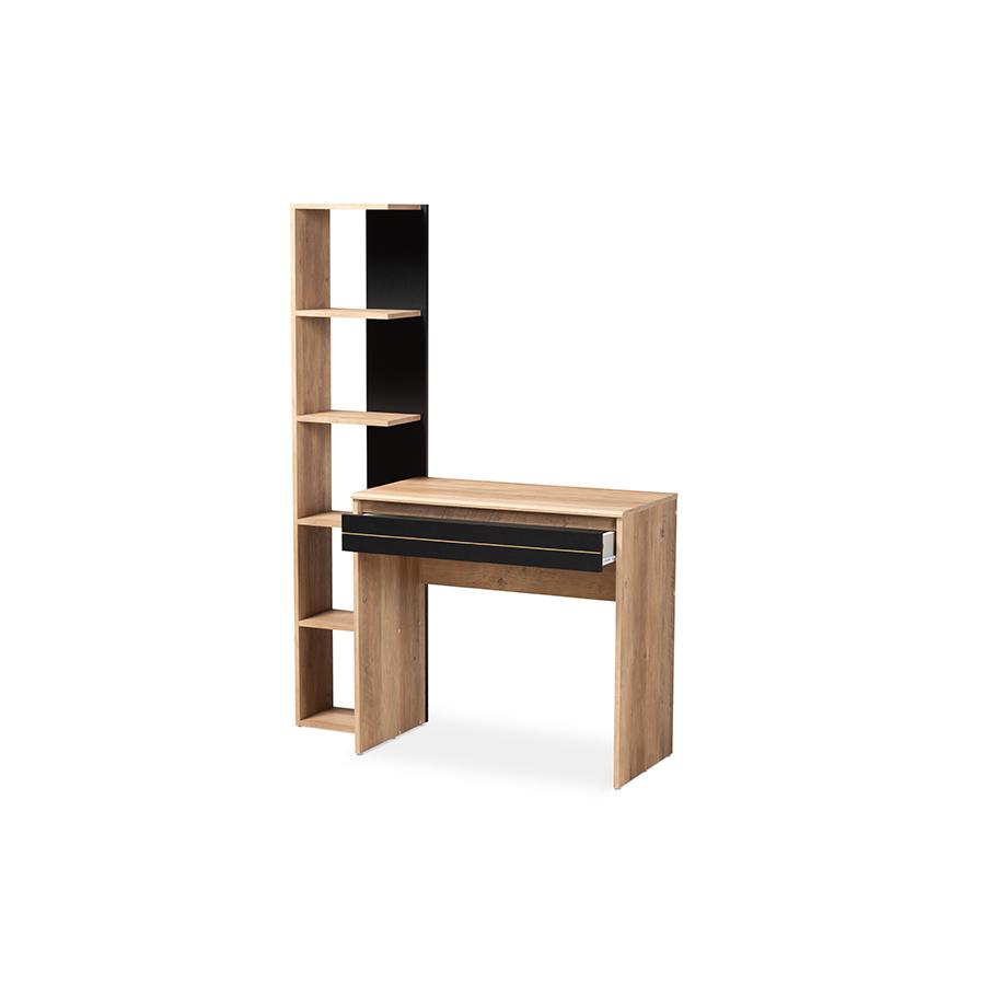 Levi Modern and Contemporary Two-Tone Black and Oak Brown Finished Wood Desk with Shelves. Picture 2