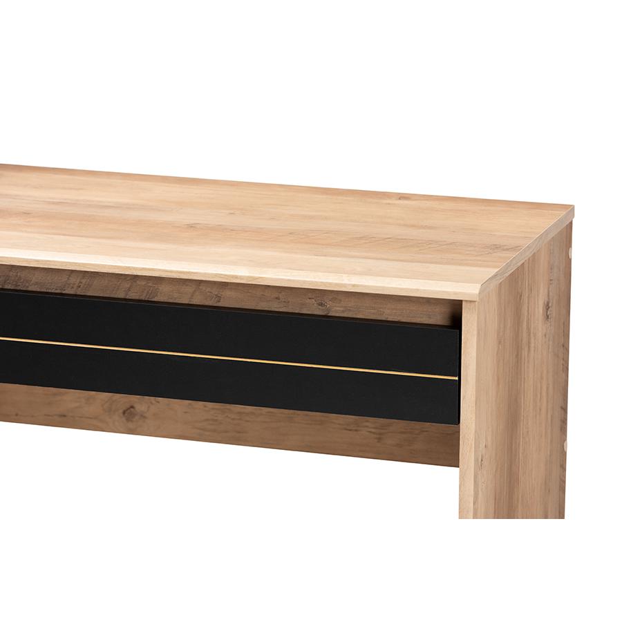 Levi Modern and Contemporary Two-Tone Black and Oak Brown Finished Wood Desk with Shelves. Picture 6