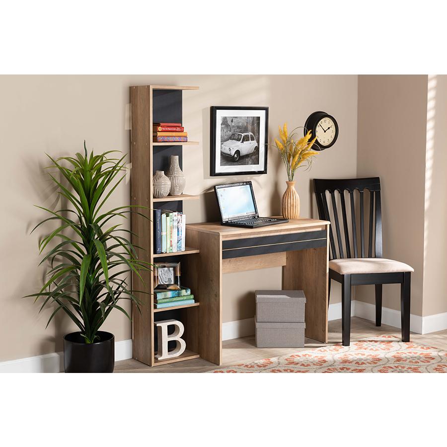 Levi Modern and Contemporary Two-Tone Black and Oak Brown Finished Wood Desk with Shelves. Picture 7