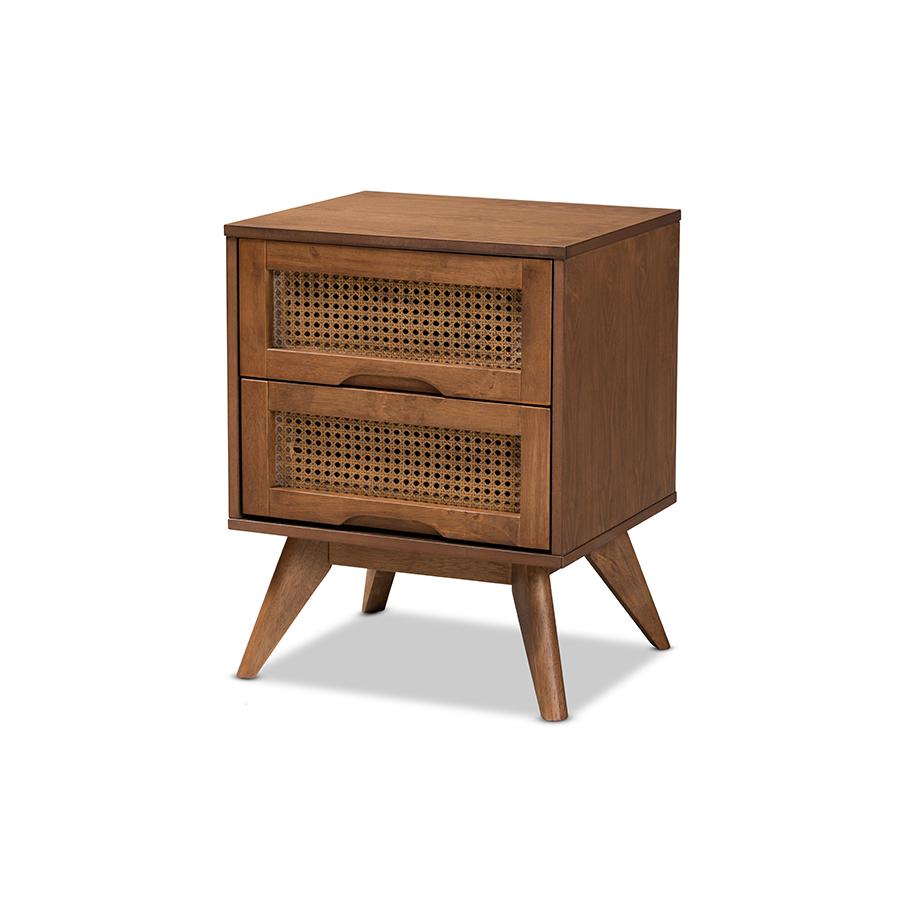 Modern Walnut Brown Finished Wood and Synthetic Rattan 2-Drawer Nightstand. Picture 1