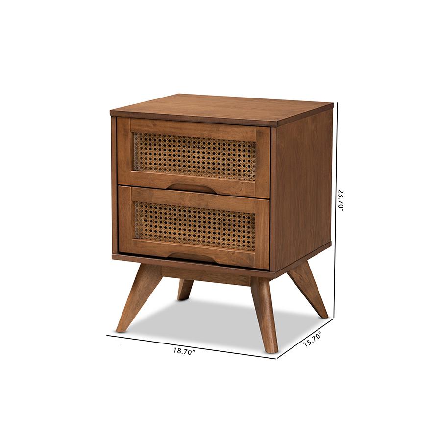 Modern Walnut Brown Finished Wood and Synthetic Rattan 2-Drawer Nightstand. Picture 10