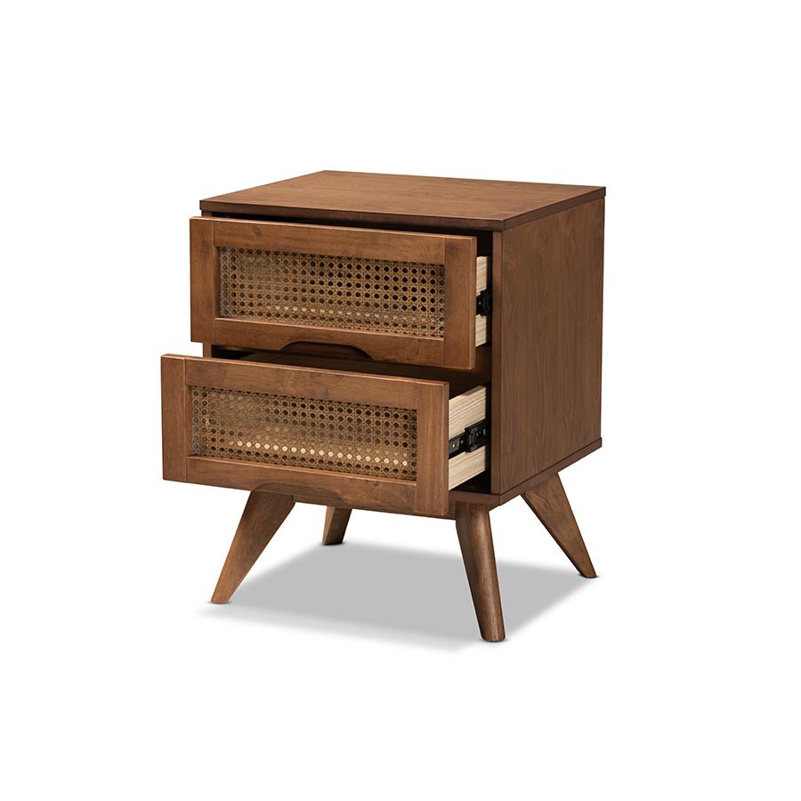 Modern Walnut Brown Finished Wood and Synthetic Rattan 2-Drawer Nightstand. Picture 2