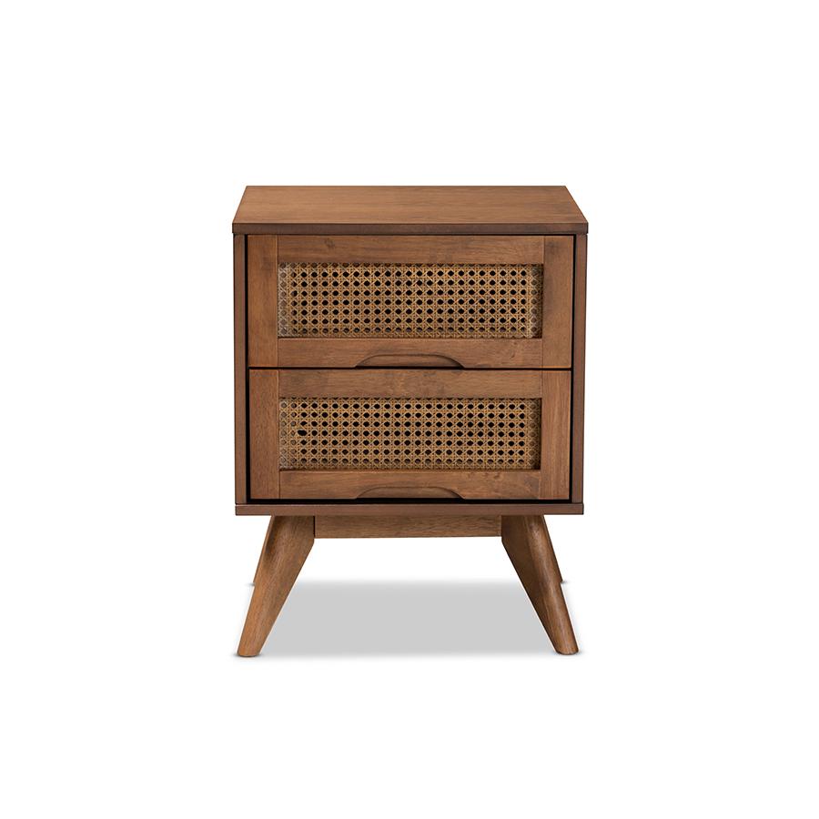 Modern Walnut Brown Finished Wood and Synthetic Rattan 2-Drawer Nightstand. Picture 3
