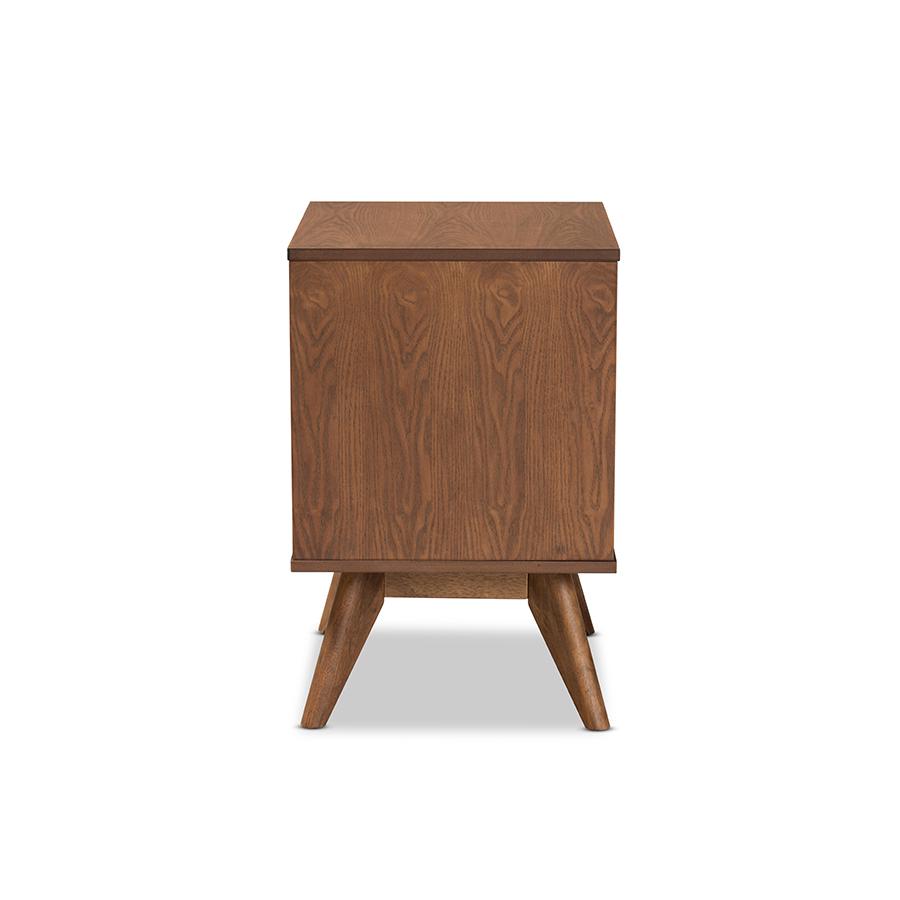 Modern Walnut Brown Finished Wood and Synthetic Rattan 2-Drawer Nightstand. Picture 4