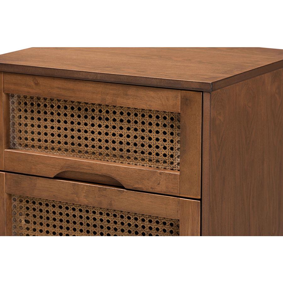 Modern Walnut Brown Finished Wood and Synthetic Rattan 2-Drawer Nightstand. Picture 5