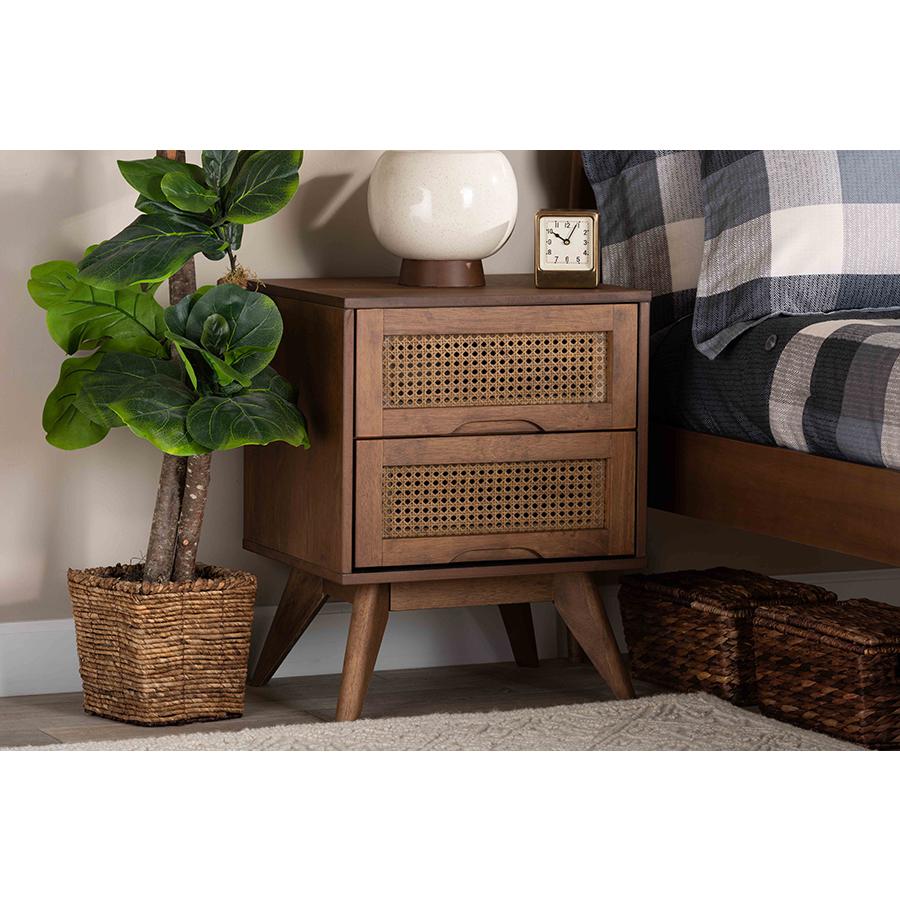 Modern Walnut Brown Finished Wood and Synthetic Rattan 2-Drawer Nightstand. Picture 8