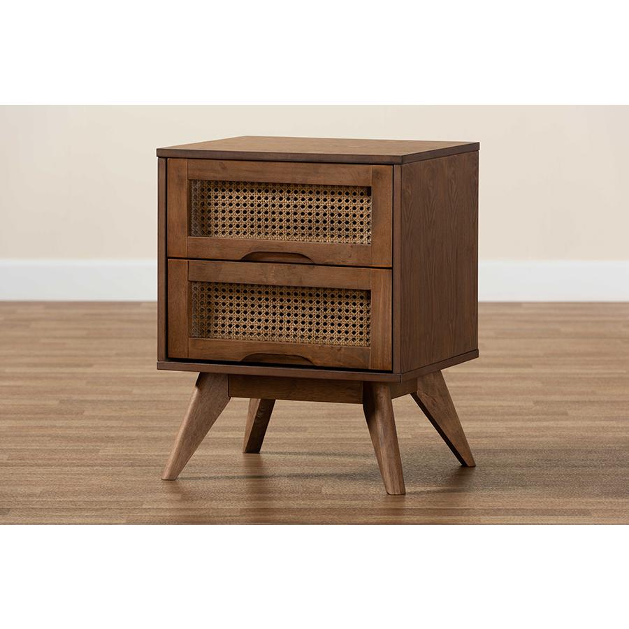 Modern Walnut Brown Finished Wood and Synthetic Rattan 2-Drawer Nightstand. Picture 9