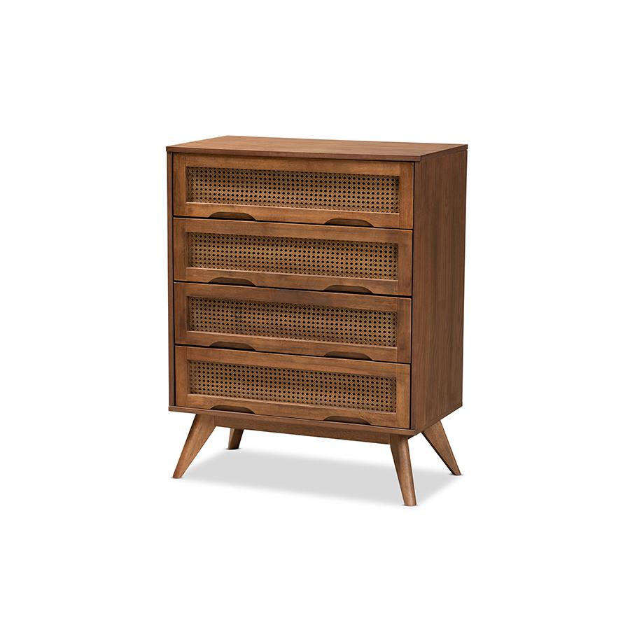 Modern Walnut Brown Finished Wood and Synthetic Rattan 4-Drawer Chest. Picture 1