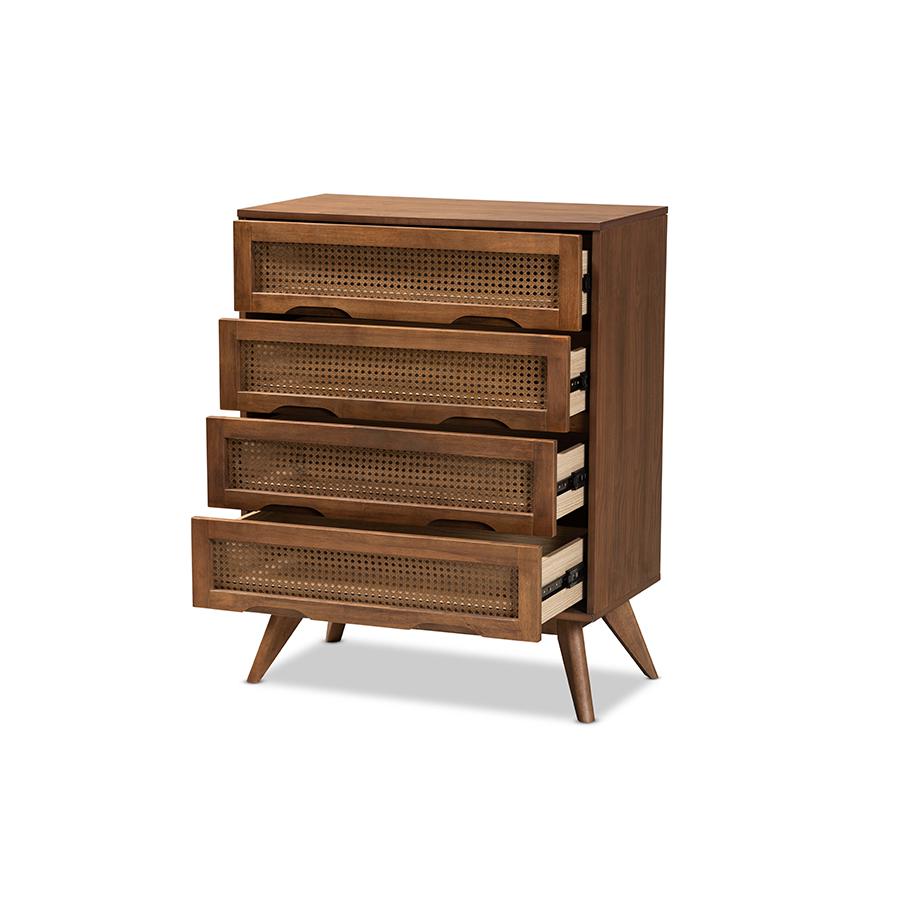 Modern Walnut Brown Finished Wood and Synthetic Rattan 4-Drawer Chest. Picture 2