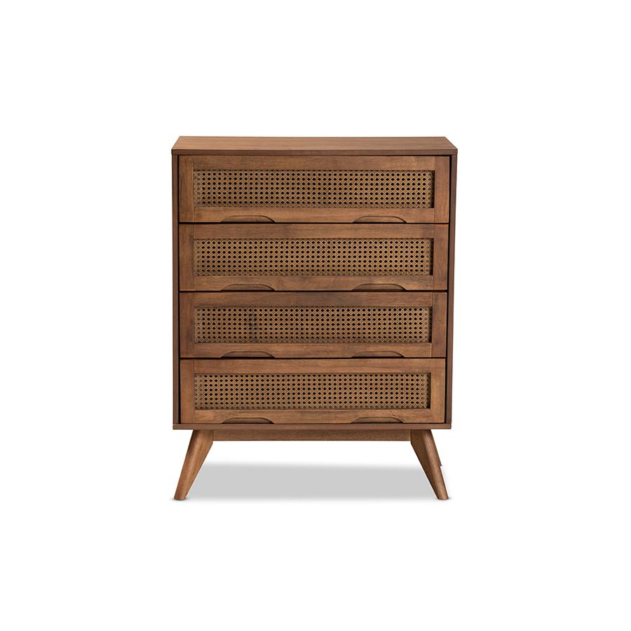 Modern Walnut Brown Finished Wood and Synthetic Rattan 4-Drawer Chest. Picture 3