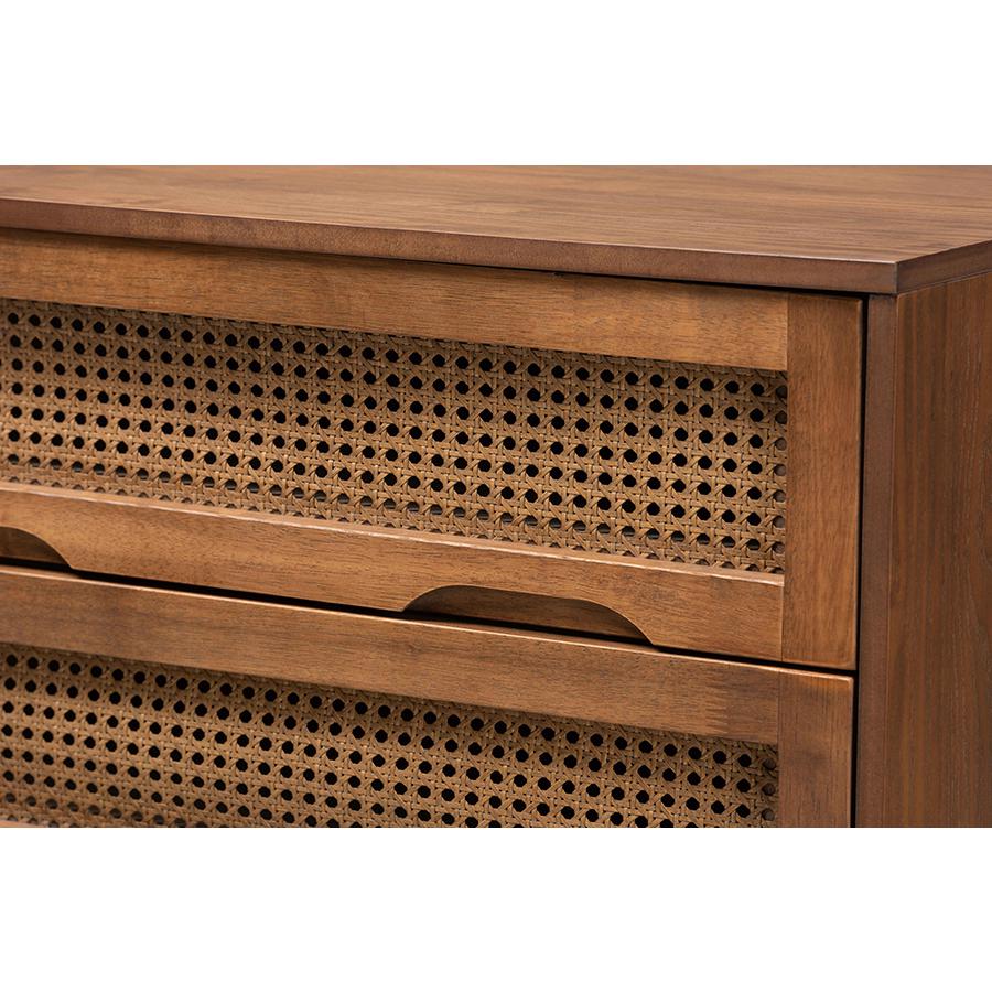 Modern Walnut Brown Finished Wood and Synthetic Rattan 4-Drawer Chest. Picture 5