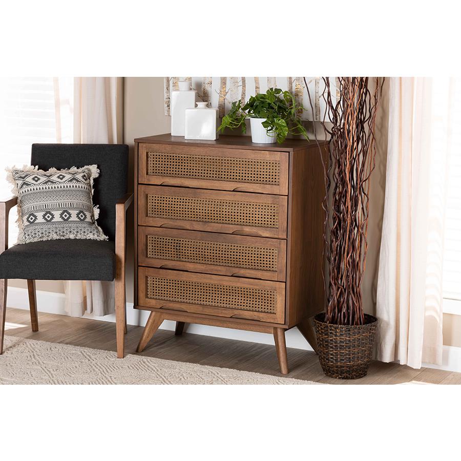 Modern Walnut Brown Finished Wood and Synthetic Rattan 4-Drawer Chest. Picture 8