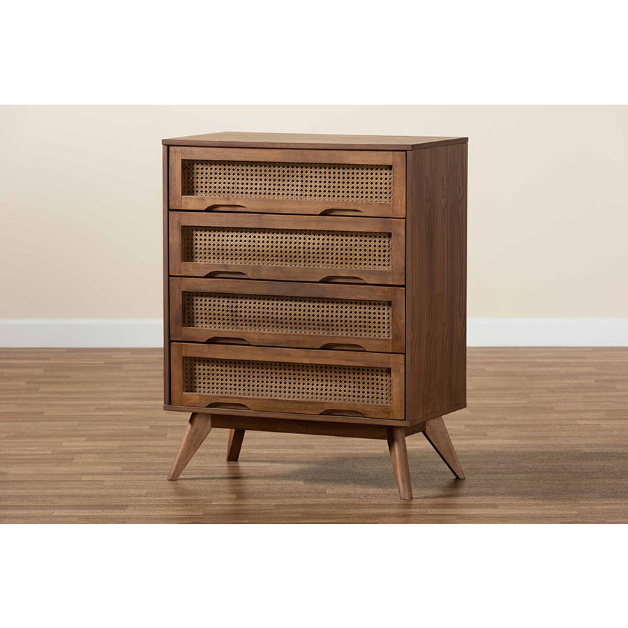 Modern Walnut Brown Finished Wood and Synthetic Rattan 4-Drawer Chest. Picture 9