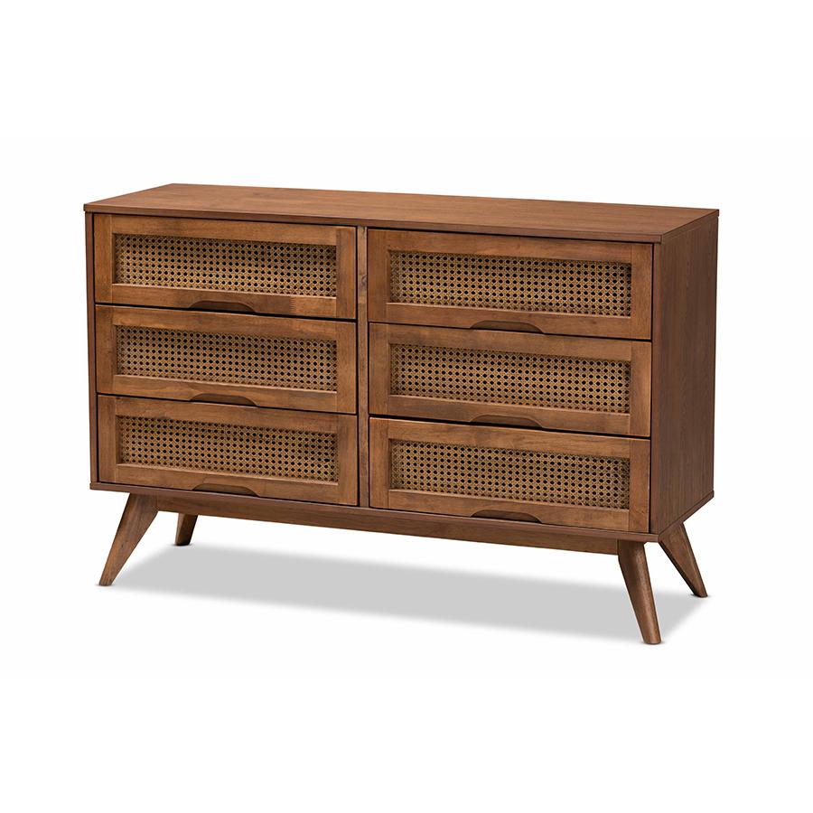 Modern Walnut Brown Finished Wood and Synthetic Rattan 6-Drawer Dresser. Picture 1