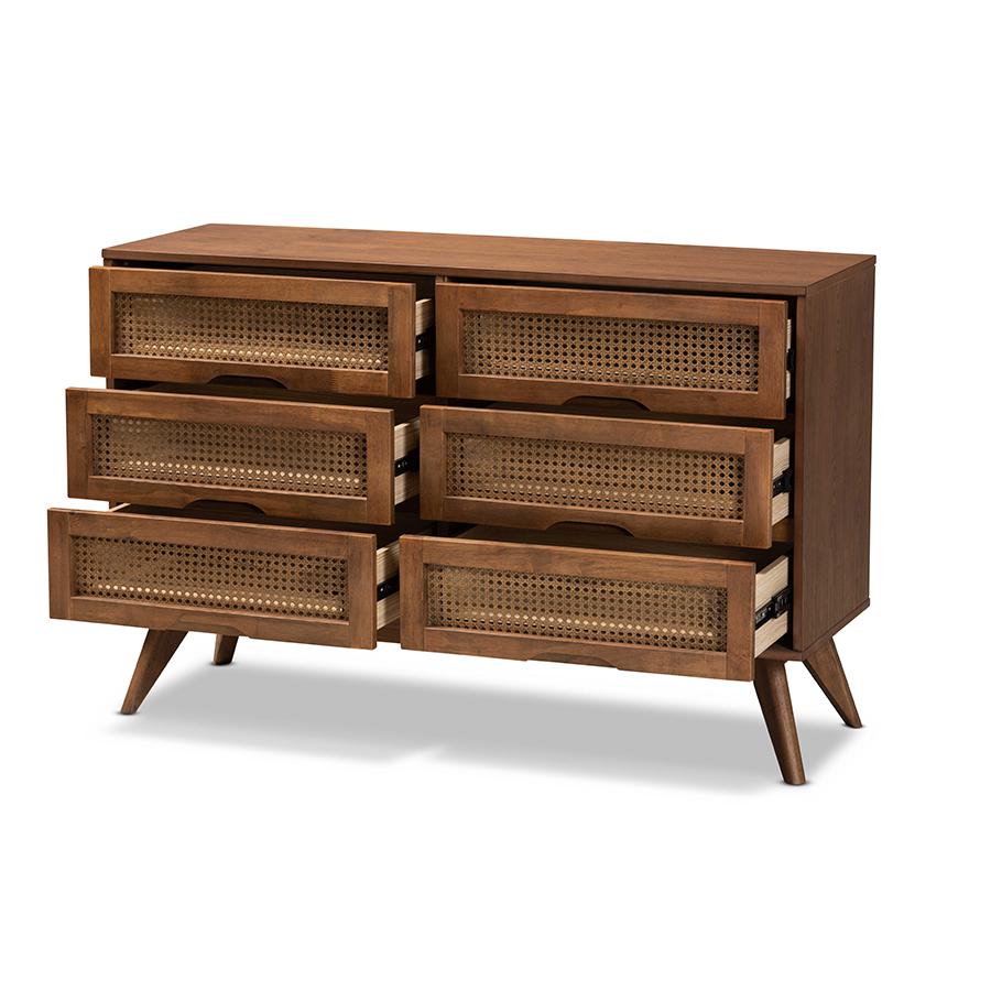 Modern Walnut Brown Finished Wood and Synthetic Rattan 6-Drawer Dresser. Picture 2