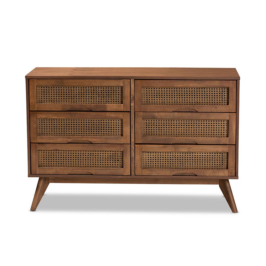 Modern Walnut Brown Finished Wood and Synthetic Rattan 6-Drawer Dresser. Picture 3
