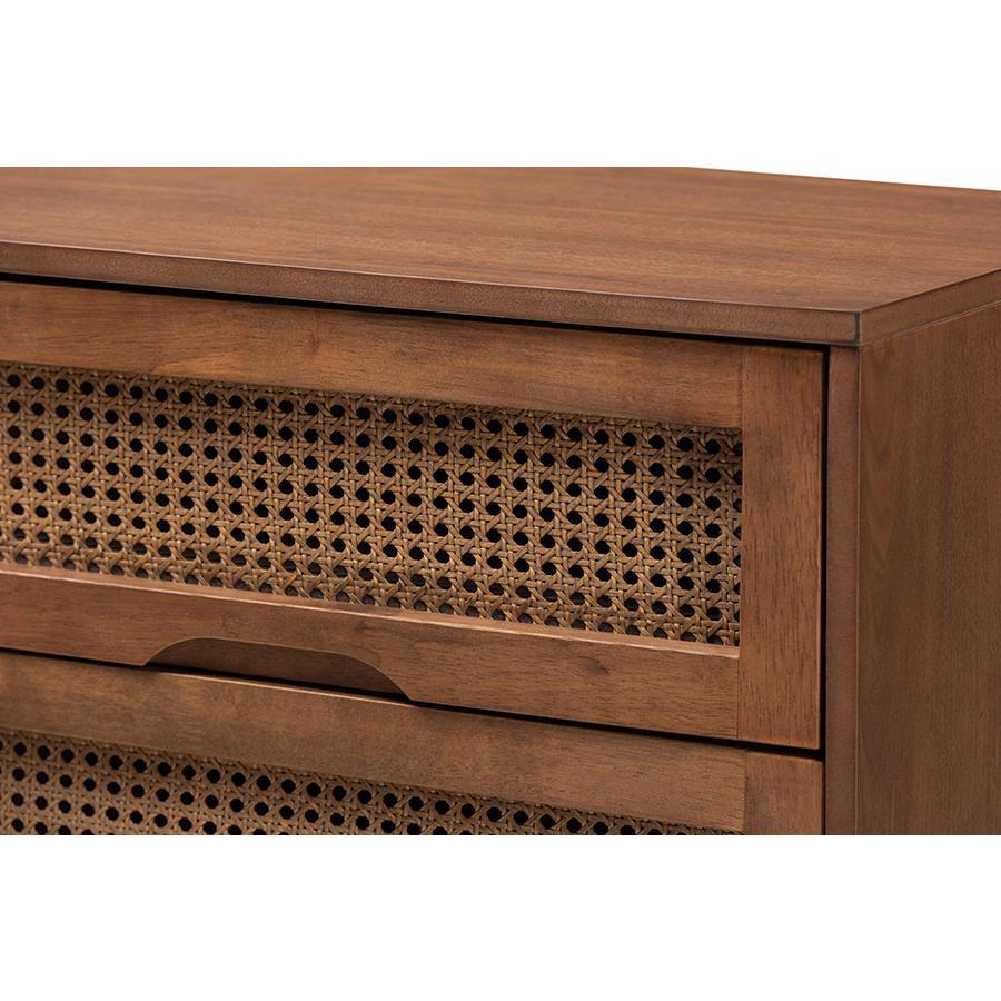 Modern Walnut Brown Finished Wood and Synthetic Rattan 6-Drawer Dresser. Picture 5