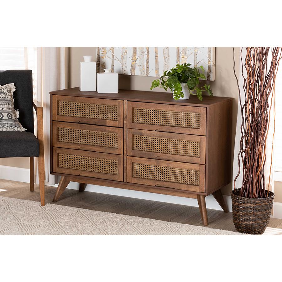 Modern Walnut Brown Finished Wood and Synthetic Rattan 6-Drawer Dresser. Picture 8