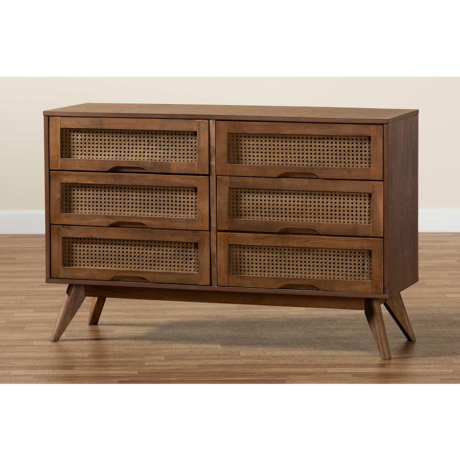 Modern Walnut Brown Finished Wood and Synthetic Rattan 6-Drawer Dresser. Picture 9