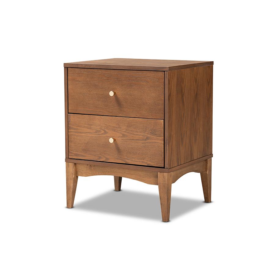 Landis Mid-Century Modern Ash Walnut Finished Wood 2-Drawer Nightstand. Picture 1