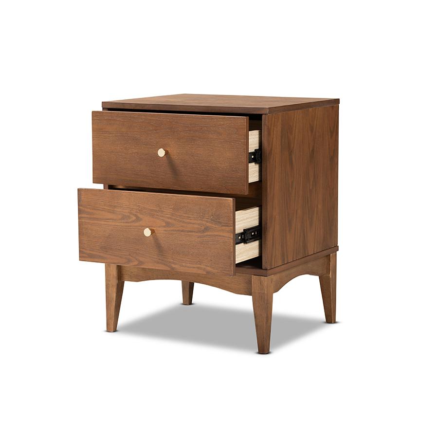 Landis Mid-Century Modern Ash Walnut Finished Wood 2-Drawer Nightstand. Picture 2