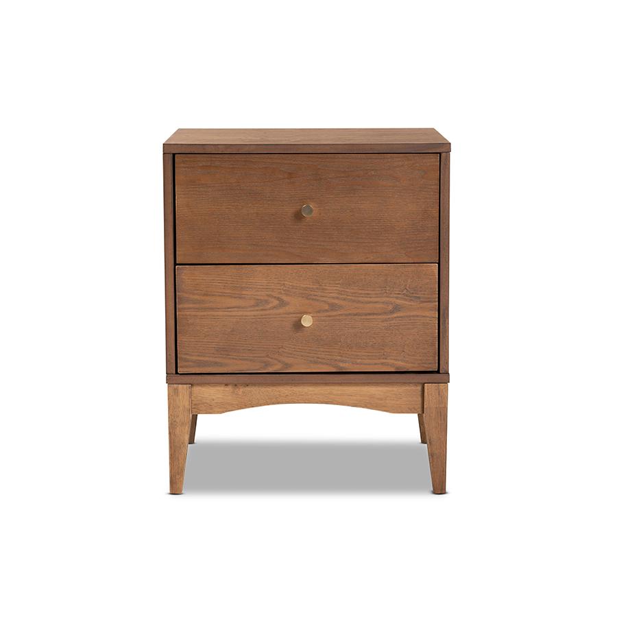 Landis Mid-Century Modern Ash Walnut Finished Wood 2-Drawer Nightstand. Picture 3