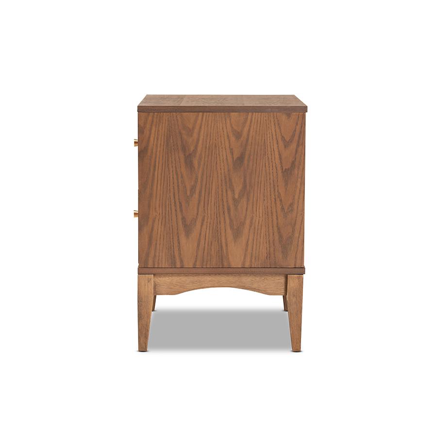 Landis Mid-Century Modern Ash Walnut Finished Wood 2-Drawer Nightstand. Picture 4